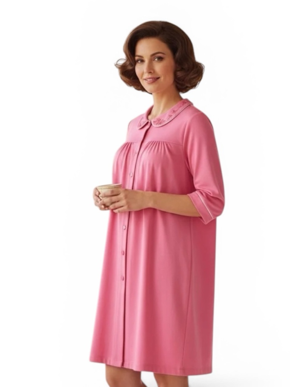 Vintage 50s- 70s Hot Pink House Coat embroidered floral collar piping nightgown